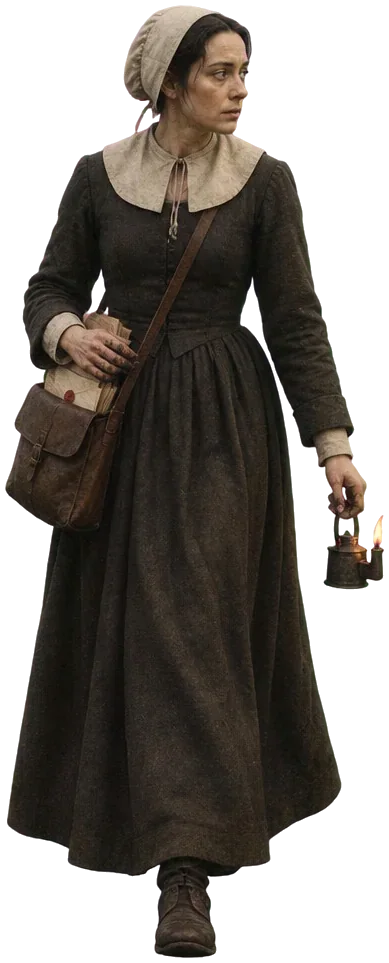 Thomasin Wickes berjalan di tanggul membawa tas berkas dan lampu minyak kecil.