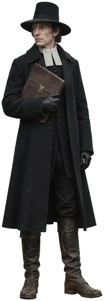 Josiah Thrale bertopi tinggi hitam memegang tas dokumen kulit.